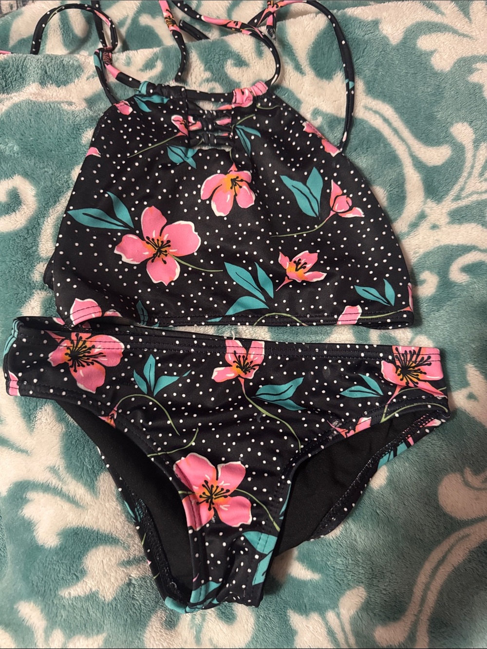 Billabong Black Bikini Set with Pink Flowers and Teal Leaves